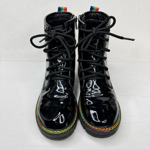 Kurt Geiger Girls Black Patent Leather Birdie Combat Boots Rainbow Accent Size 3 - Picture 2 of 12